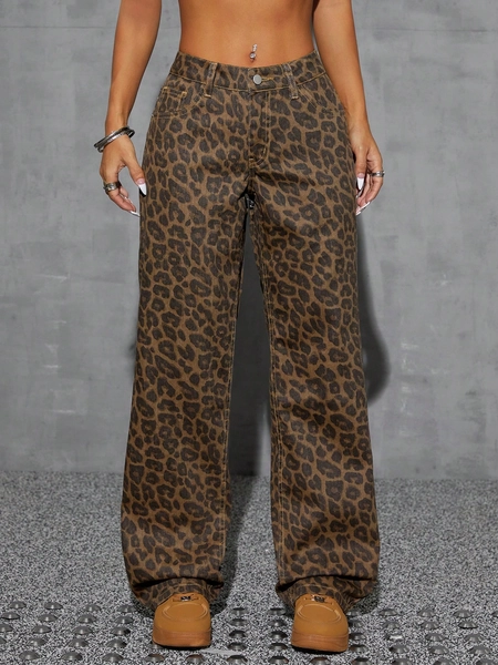 SHEIN ICON Women's Leopard Print Straight Leg Jeans, Streetwear, Y2K Style