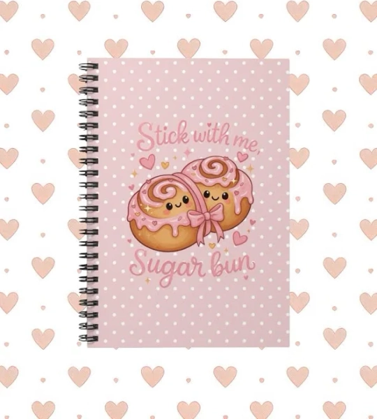 Stick With Me Sugar Bun Kawaii Cinnamon Roll Spiral Notebook | Pink Polka Dot Journal Stick With Me Sugar Bun Notebook