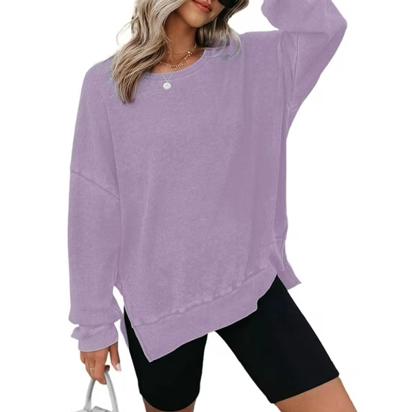 TEMOFON Womens Long Sleeve Shirts Blouse Oversized Tops Waffle Knit Crew Neck Sweatshirts Fashion Side Slits Casual Pullover Purple