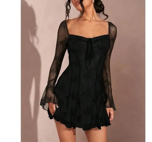 Women's Midi Trim Lace Ruffled Dress