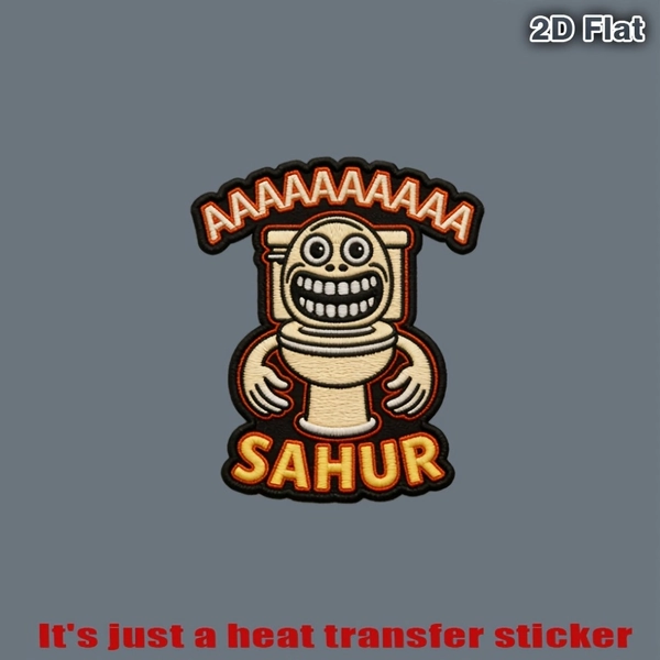 "AAAA SAHUR" Patch Featuring a Grinning, Cartoon Toilet Character with Bold, Heat Transfer Stickers Are Suitable for Flat Fabrics Such as Clothes, Hats, Canvas Bags, Cushions, Leather, Bed Sheets, Carpets, Etc. It Can Be Transferred to Clothes