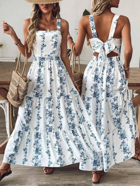 Breezaya Women Blue & White Print Waist Design Casual Vacation Daily Office Wear Sleeveless Dress