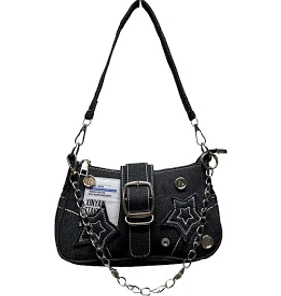Y2k Star Denim Shoulder Bag Retro Black Underarm Cloth Purse Splicing