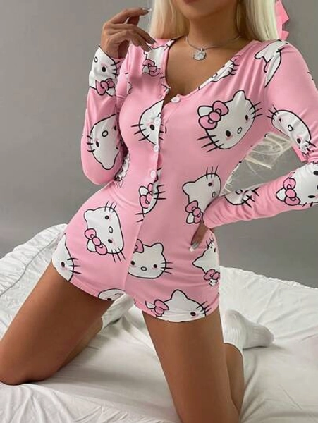 Sanrio 1pc Women's Sexy V-Neck Partially Buttoned Long Sleeve Hello Kitty Printed Romper, Fall, Winter