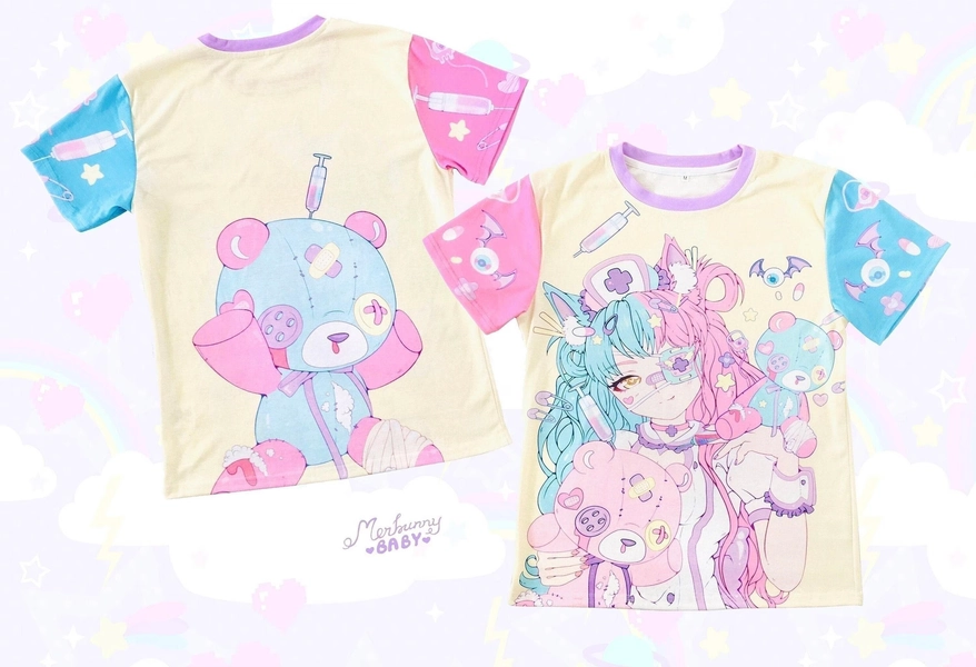 Menhera nurse - Unisex T-shirt - (Eco-friendly fabric) creepy cute anime girl, injured bear, yami kawaii, medical, pastel yellow tee - ET4
