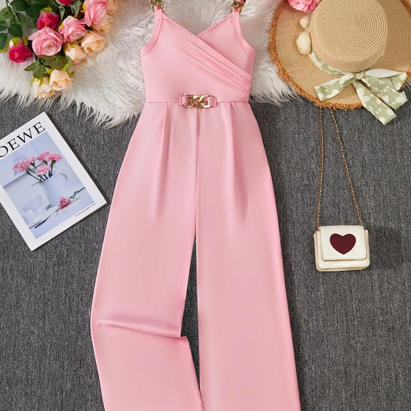 [Perfect Gift] Girls' Spring/Summer Jumpsuit, French-Style Fashion with Elegant Faux Metal Buckle Decoration, Suitable for Parties, Outings, Gatherings, and Other Daily Occasions. The Perfect Gift, Perfect for Outdoor