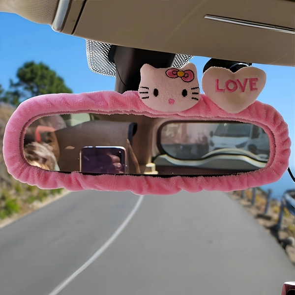 A Car Rearview Mirror Decoration, Cute Cartoon Hello Kitty Design Pink Rearview Mirror Decoration Cover, High Elasticity Suitable for Most Car Interior Supplies