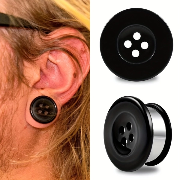 2pcs Men's Fashion Button Design Stretching Gauges Earrings - Single Flared Flesh Tunnels with O-Ring, Black High-Quality Metal Body Jewelry for Stretching & Piercing, Trendy Earrings, Body Piercing Accessories, Buttonlike Appearance, Smooth Polished Finish
