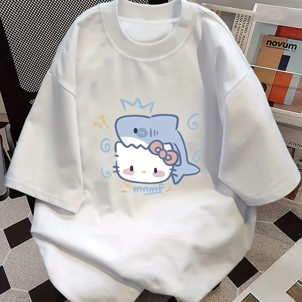 Women'S Retro 2025 Spring Summer Fun Shark for hello kitty Cartoon Print T-Shirt - Hong Kong Style Loose Fit Casual Short Sleeve Top, White with Blue & Pink Accents, All-Season Comfort, Relaxed Fit Top, Playful Graphic Tee, Comfortable Fabric, Weekend Attire, Fun Design, Soft Texture, Printed Shirt, Anime Fans