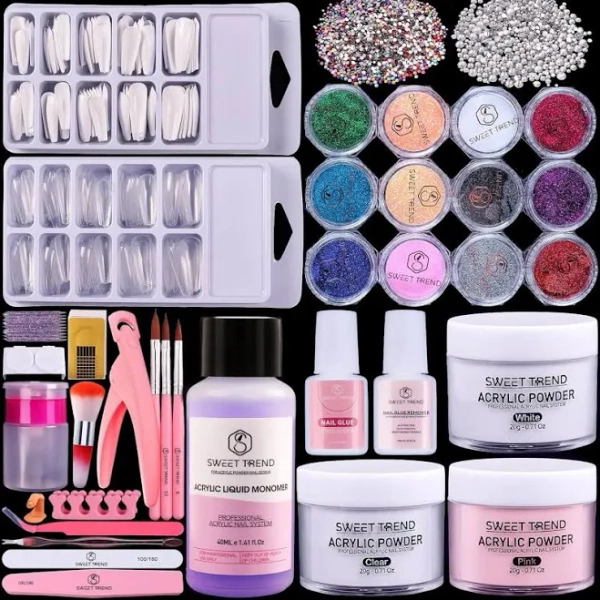 Beginners Nail Kit Acrylic Set: Professional Ultra-fine Acrylic Powder Kit with Everything - Starter Set with 600 Nail Tips Glitter Powder Nail Glue &