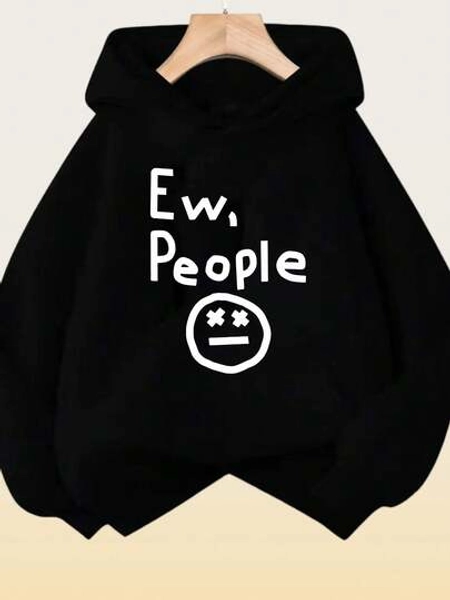 RUEPEI Women's Pink Loose Hooded Sweatshirt -% Polyester Soft Lining, Machine Washable Casual Pullover With 'Ew, People' Pattern Print, Comfortable Autumn Winter Sweater Suitable For Daily Wear (In Stock)