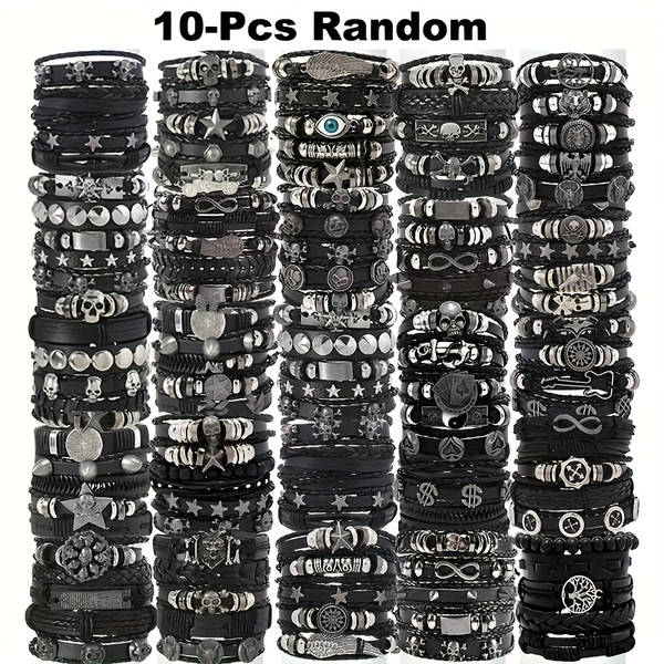 [10-Pack Black Bracelets] Randomly Packed Set of 10 Black Bracelets - Trendy Hip-hop Style Faux Leather with Skull, Cross, Star & Infinity Symbols - Vintage Black Creative Metal Dot Embellishments - Gift for Thanksgiving