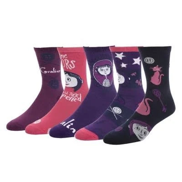Bioworld Women's Coraline Mixed Icons 5-Pack Casual Crew Socks