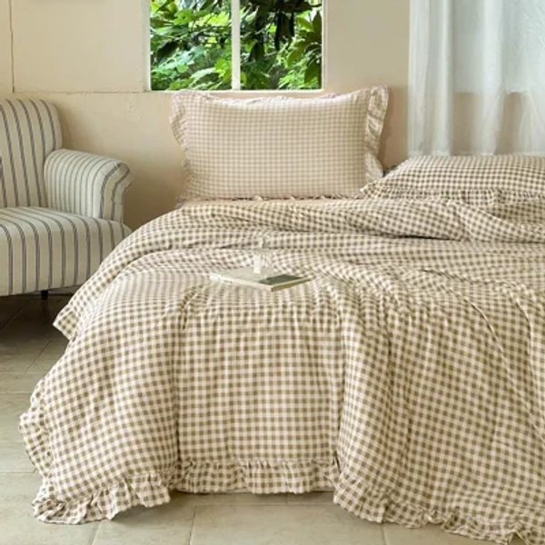 NSNLGSGC Gingham Ruffled Comforter Set, Pre-Washed Microfiber Ultra-Soft Plaid Checked Comforter Set