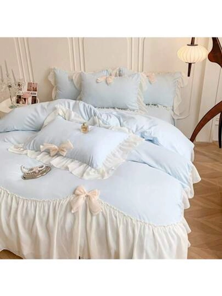  MOOWOO Chic Lace & Bow Comforter Set For Women | Ruffled Bedding Collection With Pillowcases |  Home Elegance,Blue