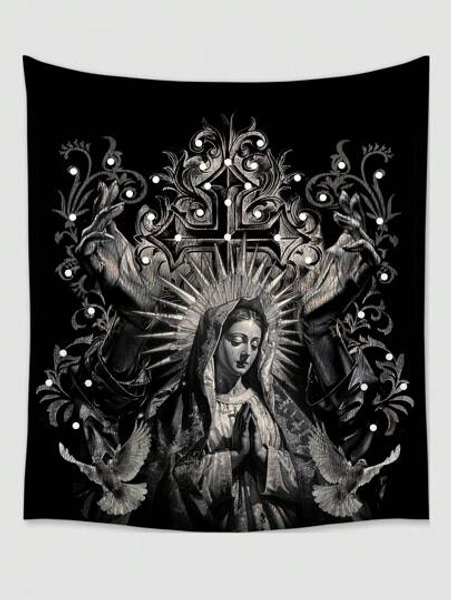 ROMWE Goth 1pc Dark Holy Lady White Dove & Cross Printed Polyester Tapestry, Suitable For Daily Living Room Bedroom Wall Decoration, Camping Decoration, All Seasons
