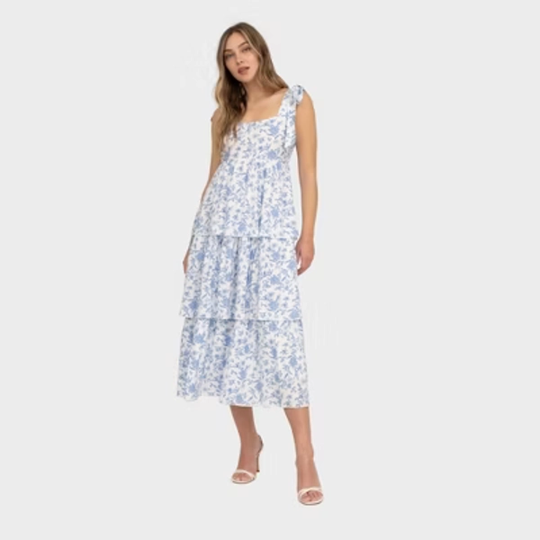 August Sky Women's Mock Self Tie Straps Floral Tiered Midi Dress, Blue Multi, Medium