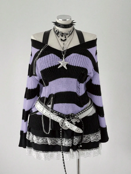 Sunspun Black & White Striped Pullover Sweater With Zipper Decor, Dark Style For Women