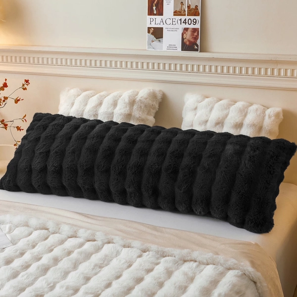 LIFEREVO Fluffy Faux Rabbit Fur Body Pillow Cover, Luxury Bubble Waffle Shaggy Plush Bed Body Pillowcase with Zipper Closure, Long 20"x54" Fuzzy Furry Pillow Case for Adults Kids Girls Teens, Black