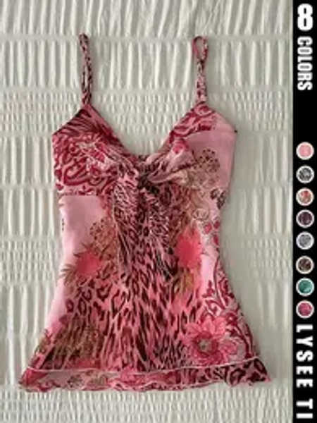 Spring/Summer 2000s Retro Vintage Aesthetic Feminine Leopard Peony Printed Lightweight Spaghetti Strap with Chest Knot Women's Top
