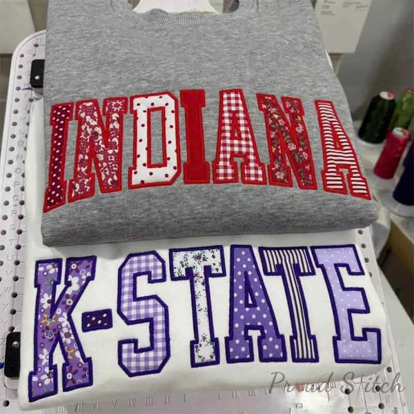 Proudstitch Custom Patchwork Fabric Embroidered Sweatshirt Team and School Name Applique Varsity Letters
