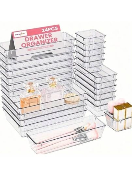 24pcs Clear Plastic Organizer, Acrylic Organizers For Desk, Kitchen Drawer Organizer And Cosmetics Containers, Make Up Organizers For Vanity, Junk Drawer, Vanity Organizer And Brush Holder, Desk & Drawer Organizer For Home Storage