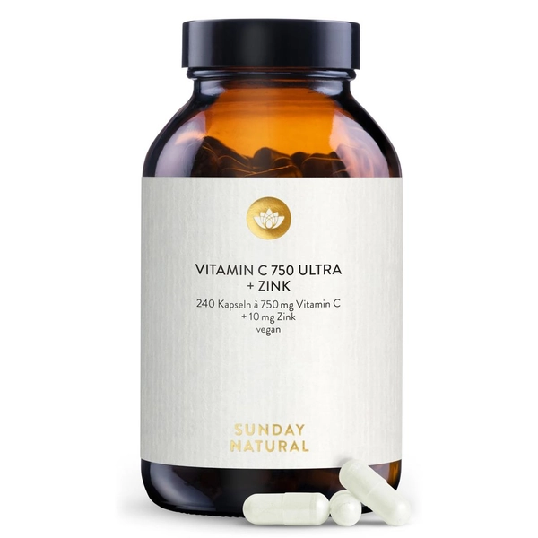 SUNDAY NATURAL Vitamin C and Zinc High Dose - 240 Capsules - 1500 mg Vitamin C & 20 mg Zinc per Daily Dose - PureWay-C & Bioavailable Zinc Bisglycinate - Laboratory Tested, Vegan, No Other Additives