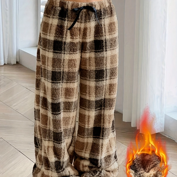 Women'S Cozy Plaid Sleep Pants with Front Tie - Warm Brown & White Checkered Design, Elastic Waistband & Adjustable Drawstring, Soft Plaid Loungewear for Fall/Winter, Plus Size Available, Casual Home & Office Pants, Elegant Wide-Leg Trousers for Wom
