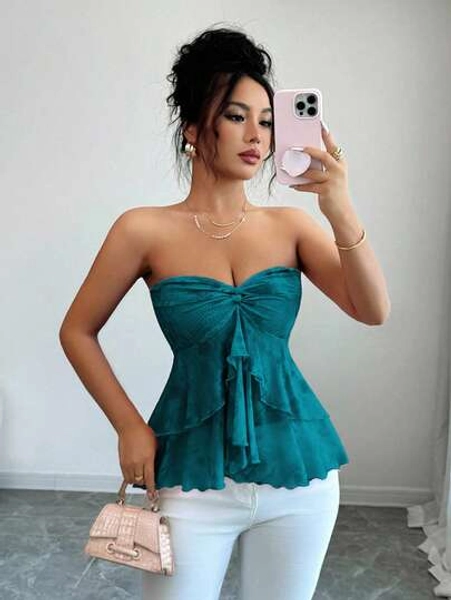 Elenzga Women's Fashionable Sexy Sweet Pink Floral Print Ruffle Hem Camisole Top, Suitable For Casual, Vacation, And Daily Wear, Spring/Summer