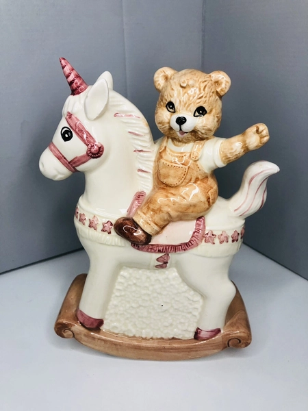 Vintage Teddy Bear Riding on Rocking Horse / Unicorn Ceramic Nursery Figurine 8”