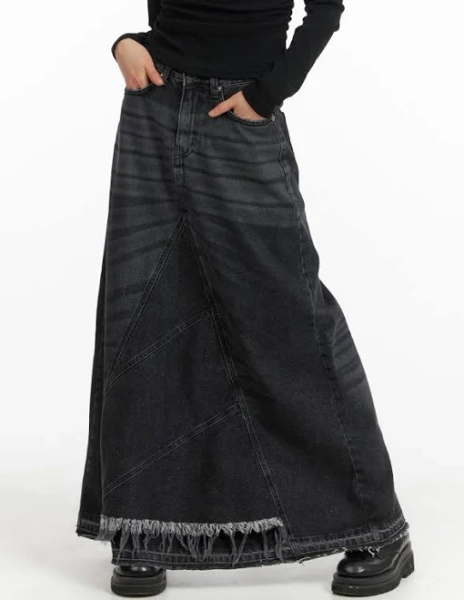 Destroyed Hem Maxi Denim Skirt