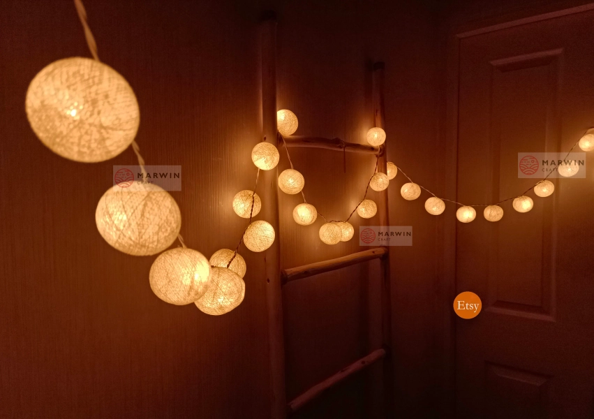 Ivory Beige String Lights Cotton Balls Fairy Lights Bedroom Home Decor Living Room Wall Hanging Wedding Decor Dorm Lights Battery Plug USB