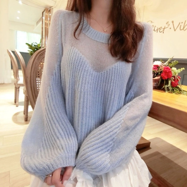Blue Oversized Partly See-through Sweater | Momo - Twice - Fashion Chingu