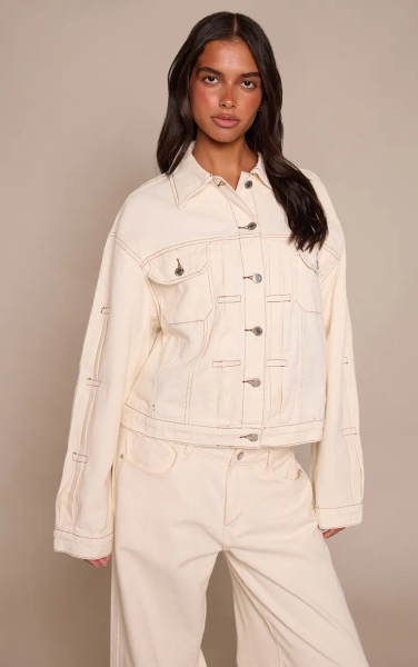 Ecru Pleat Detail Boxy Denim Jacket