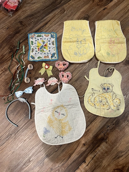 Vintage 80s Baby Accessories Lot Bib Burp Cloth Rattle Bows Hanky Handmade