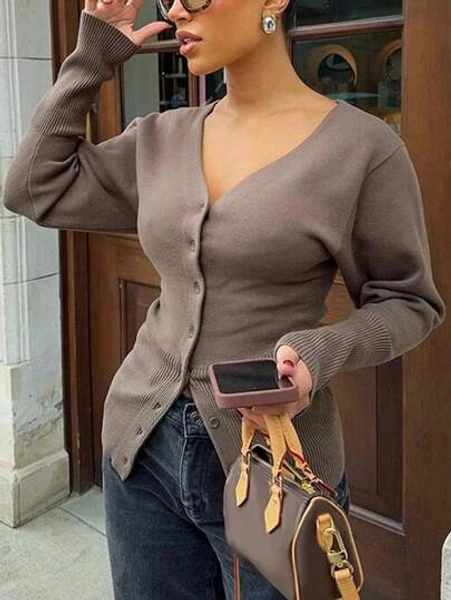 Women's Autumn And Winter Sexy Elegant V-Neck Solid Brown Cardigan Sweater, Slim Fit Simple Button Front Knitwear