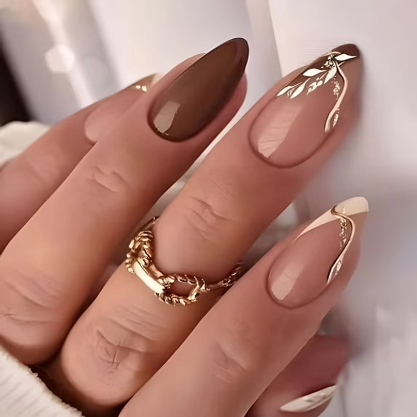 RAGUPEL Almond Press on Nails Medium Fall Fake Nails Brown Stiletto Acrylic Nails Press ons with Leaf Design French Tip Glue on Nails 24pcs Glossy