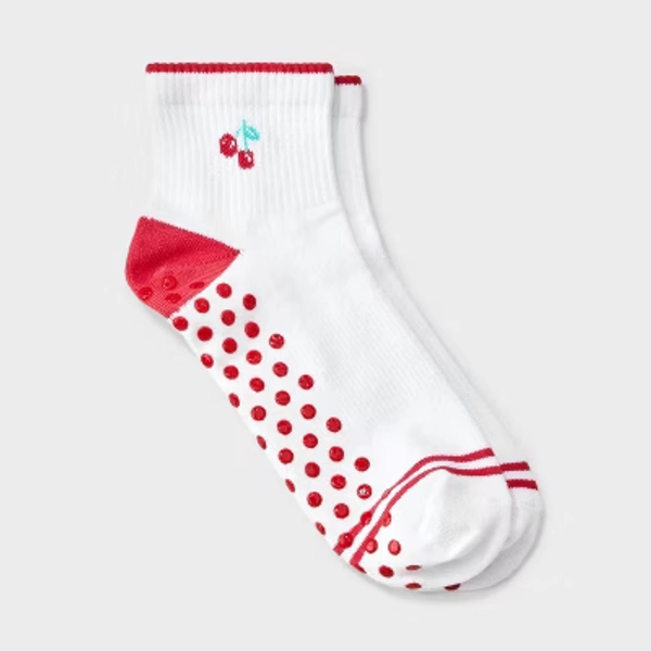 Women's Cherry Icon Pilates Ankle Grip Socks - JoyLab™ Red 4-10
