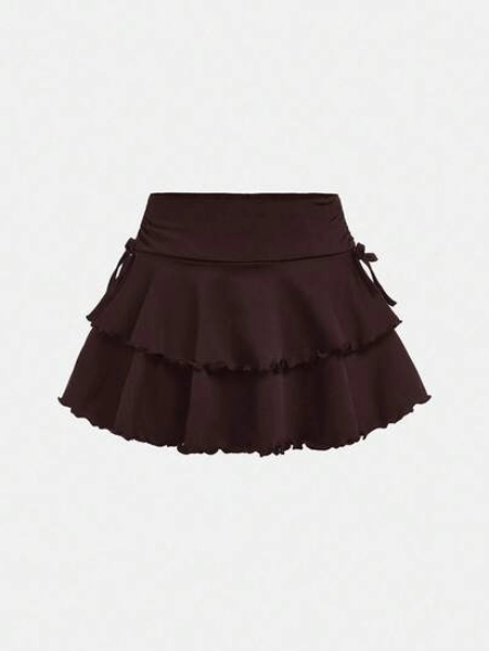SHEIN Girlism Tween Girl Street Casual Solid Color Drawstring Waist Pleated Hem Skirt Fall Winter