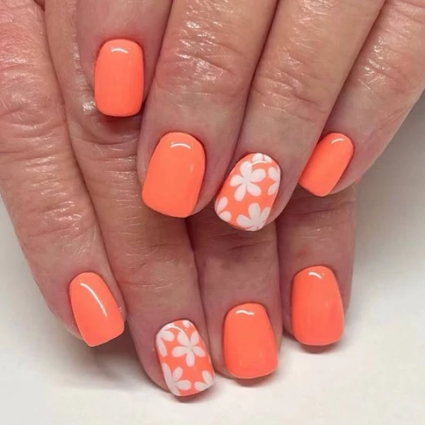 Squoval Orange Patterns & Prints Flower Floral Spring Short Glossy Press On Nails