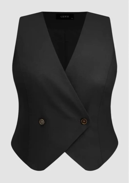 Linen-blend V-neck Solid Button Vest Curve & Plus