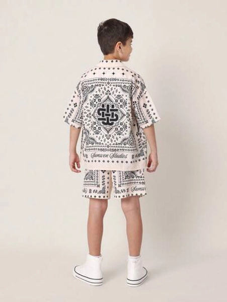 SUMWON Summer Bandana Print Streetwear Kids Set With Button Up Short Sleeve Shirt And Matching Shorts Urban Youth Two-Piece Set Festival Beach Holiday Outfit