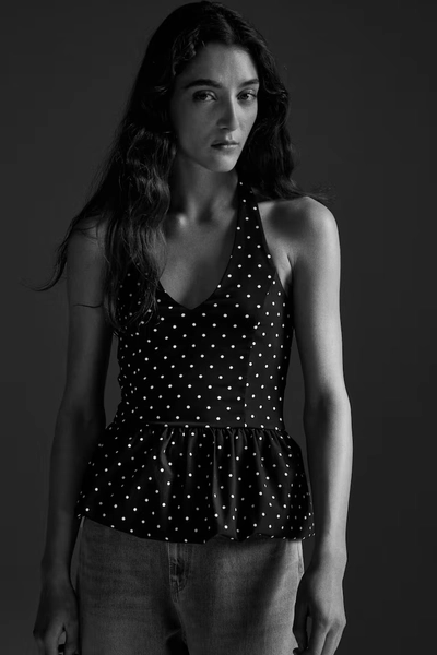 Peplum Halterneck Top - Black/dotted