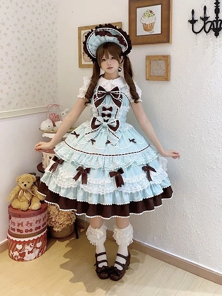 [£35.43]Cute Mint Green & Chocolate Lace & Bow Decorated Tiered Ruffle Lolita JSK Dress + Bow Lace Bonnet / JSK Only