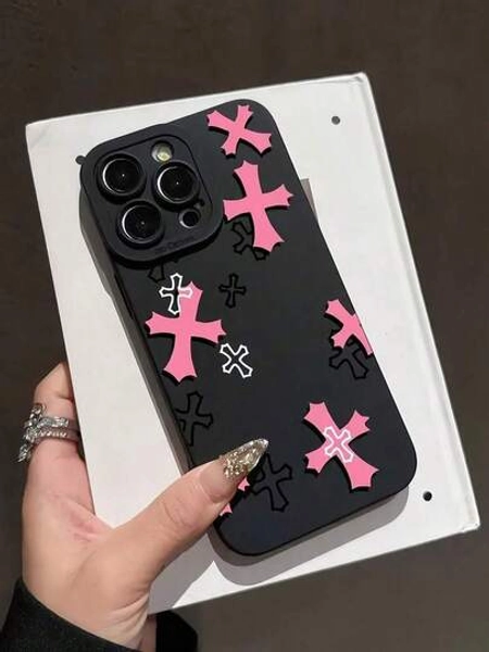 1pc Black & Pink Cross Pattern Full Coverage TPU Shockproof Phone Case, Compatible With  16, 15, 14, 13, 12, 11 Pro Max, And Series-For-Your-New-