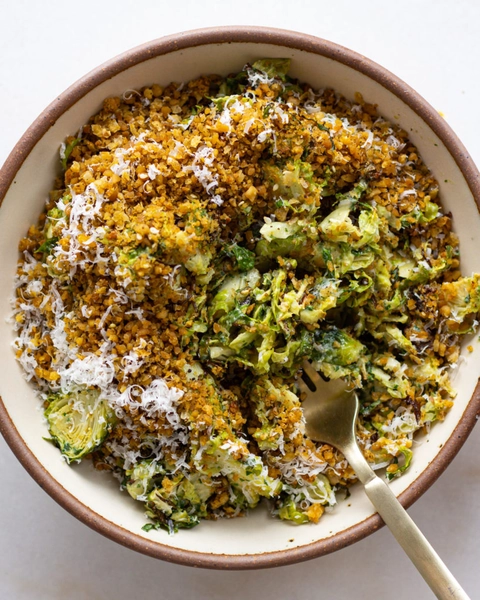 Brussels Sprout Salad with Anchovy Tahini & Za'atar Chickpeas