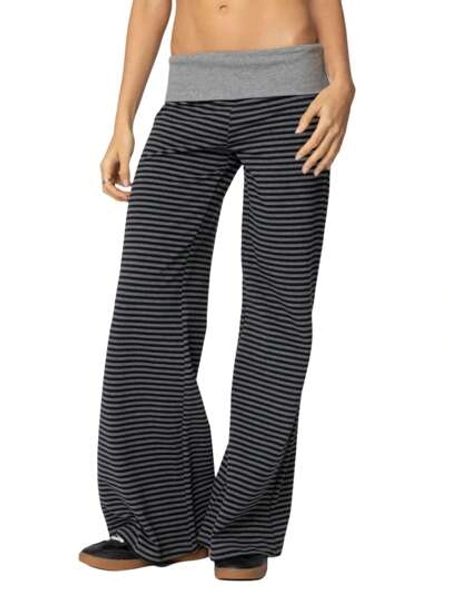 Women Y2k Palazzo Yoga Pants Fold Over Flare Leggings Low Rise Solid Color Stretch Casual Wide Leg Pants Comfy Lounge Pants Bootcut Bell Bottoms Baggy Sweatpants Streetwear