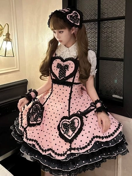 [£63.80]Pink Lace-Trimmed Sweet Lolita Dress with Black Heart Motifs and Bows