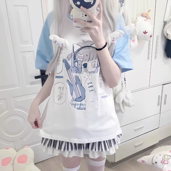 Girls Tees Popular Japanese Harajuku Cute Summer 2024 New Bule Subculture Short-sleeved T-shirt Pulovers Women Short Tops - AliExpress 200000345