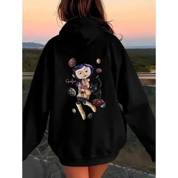 Coraline Themed Cartoon Character Print Hoodie